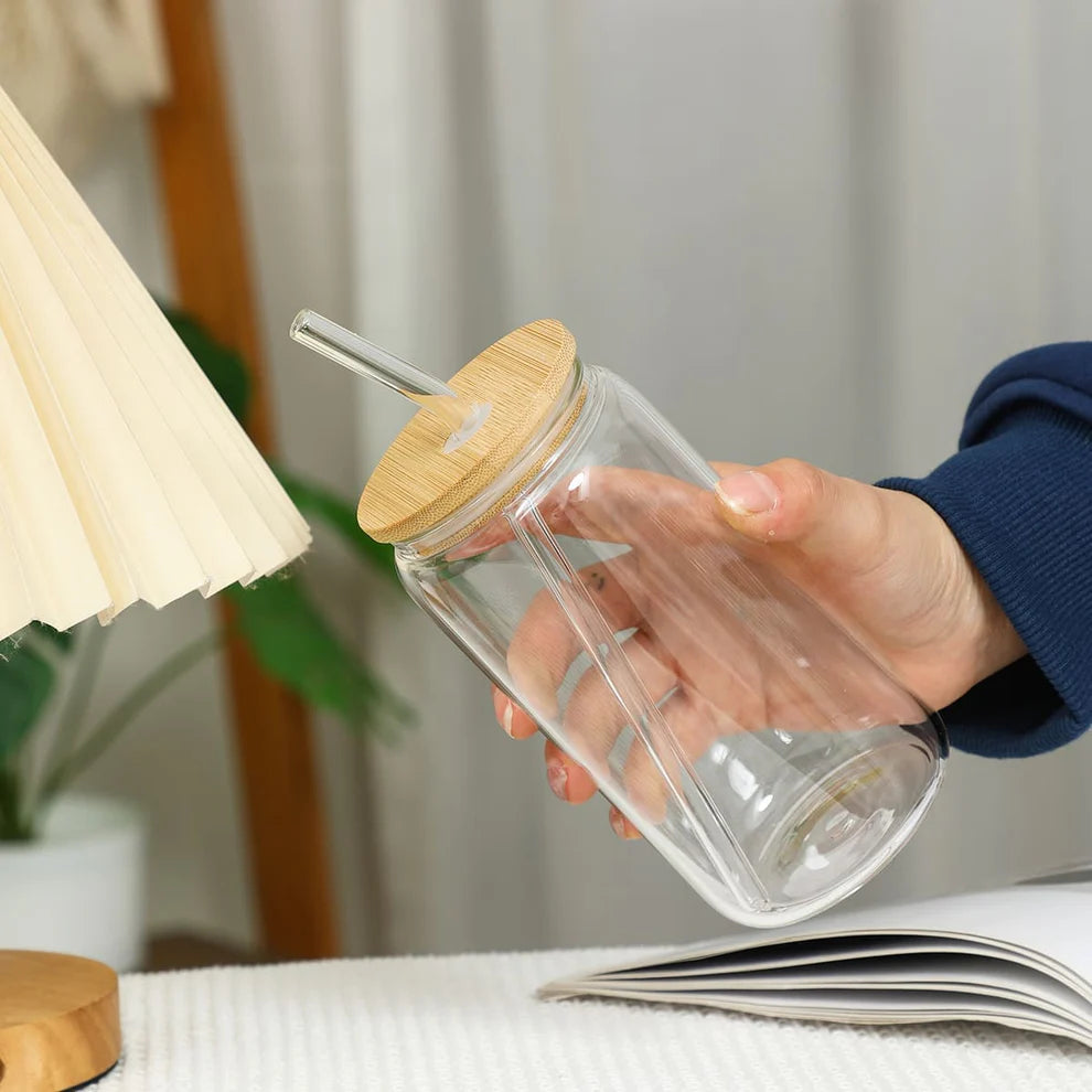 Vaso Vidrio 500 ml con tapa de Bambú